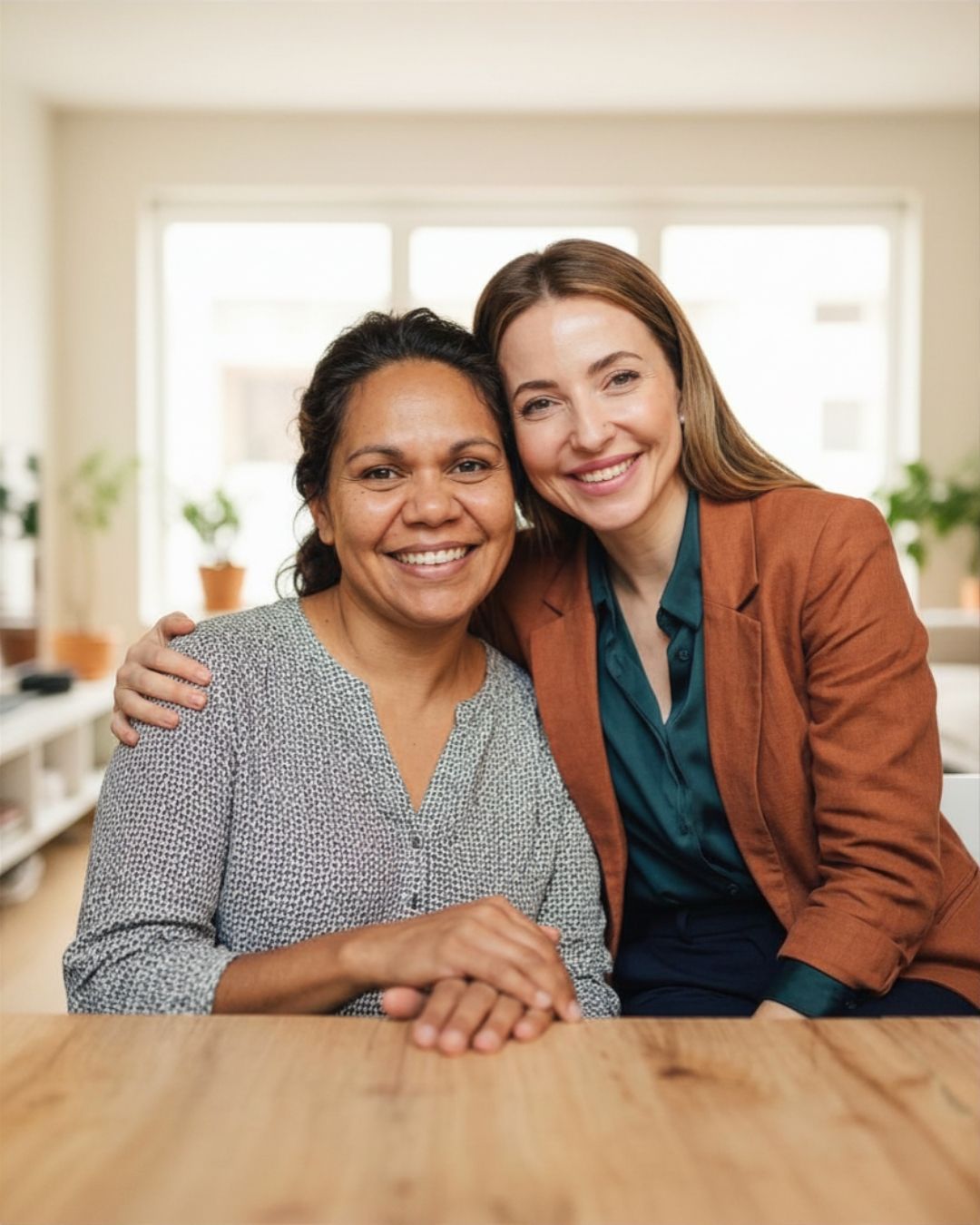 A professional NDIS Support Coordinator and a participant smiling together, illustrating Plan and Grow’s secure employment transition and professional development pathway for support workers in Perth.