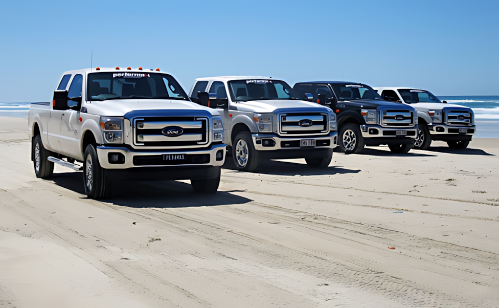 A Row Of Ford Trucks Are Parked On The Beach — Town Automatics 4WD & Mechanical in South Townsville, QLD
