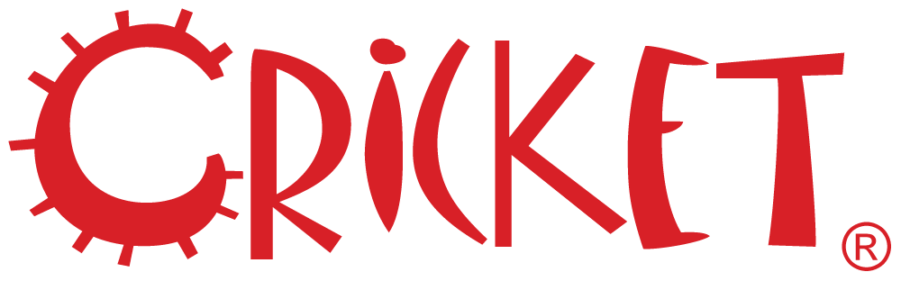 The word cricket is written in red on a white background.