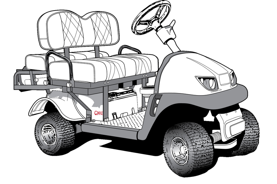 A black and white drawing of a Cricket  cart with two seats and a steering wheel.