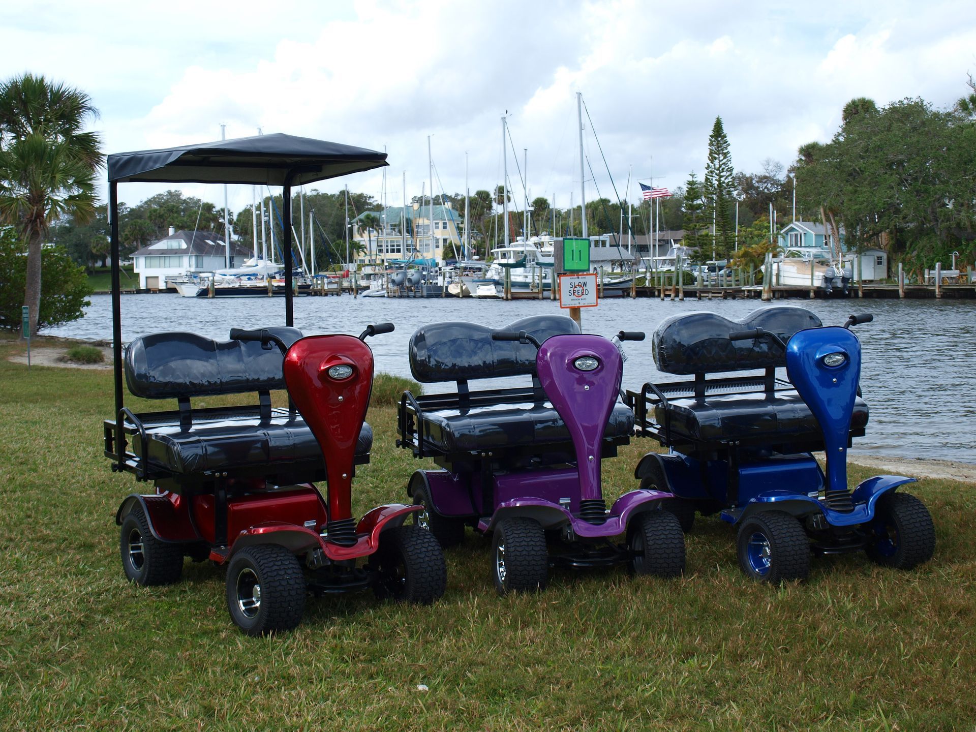 Three golf carts are parked on the grass in front of a body of water.