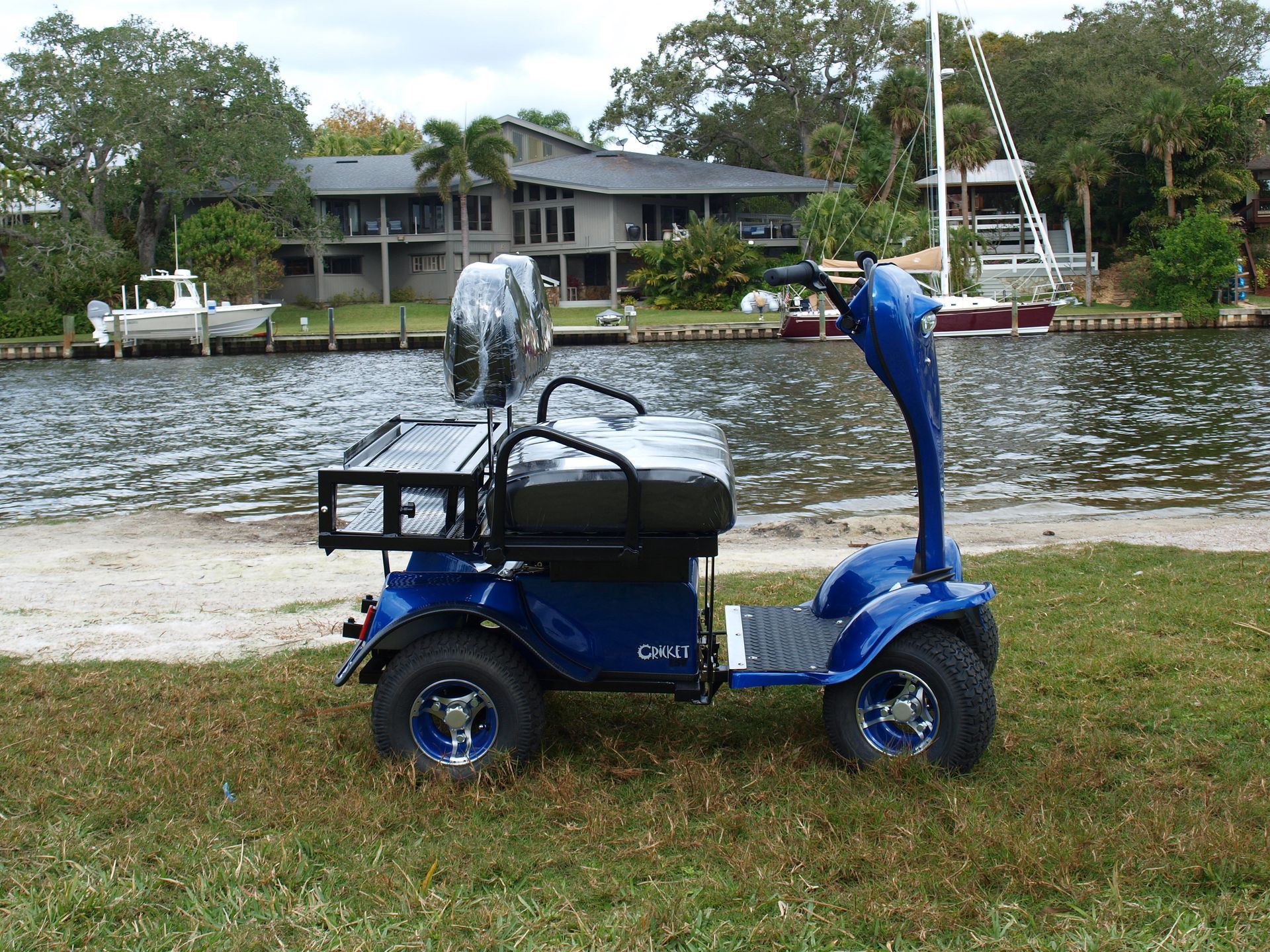 A blue golf cart is parked next to a body of water