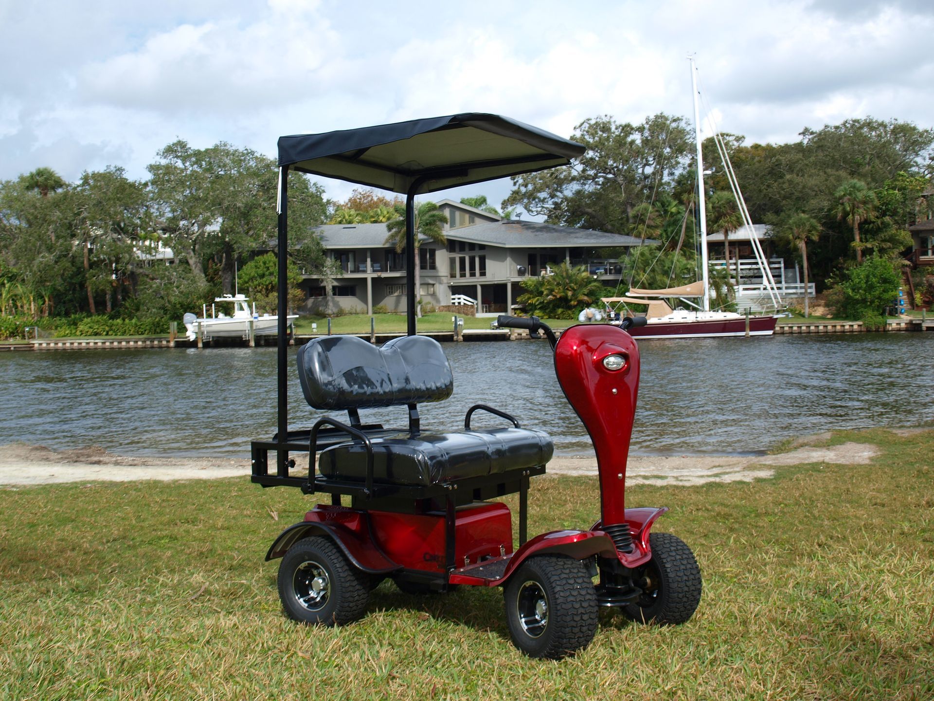 A red golf cart with a canopy is parked in the grass near a body of water.