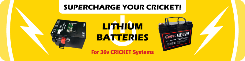 A yellow sign that says supercharge your cricket with lithium batteries