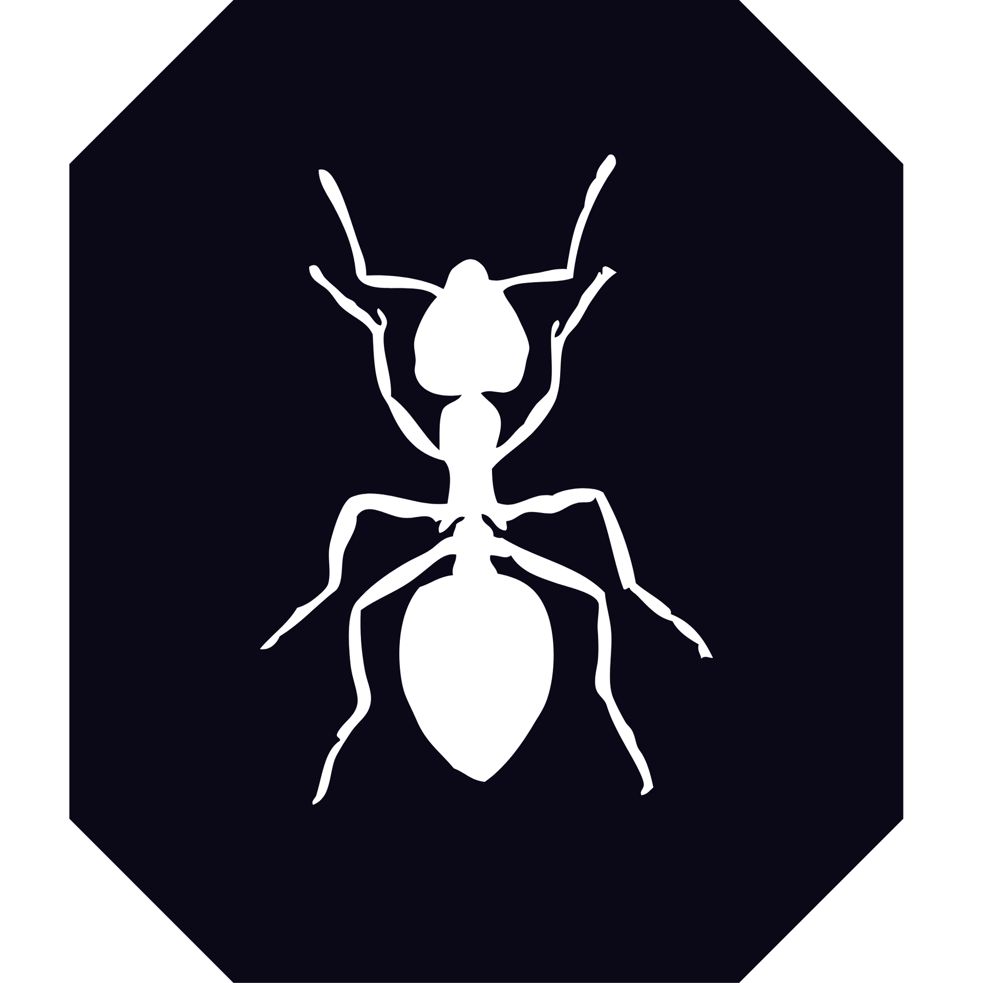A white ant is silhouetted against a black background.