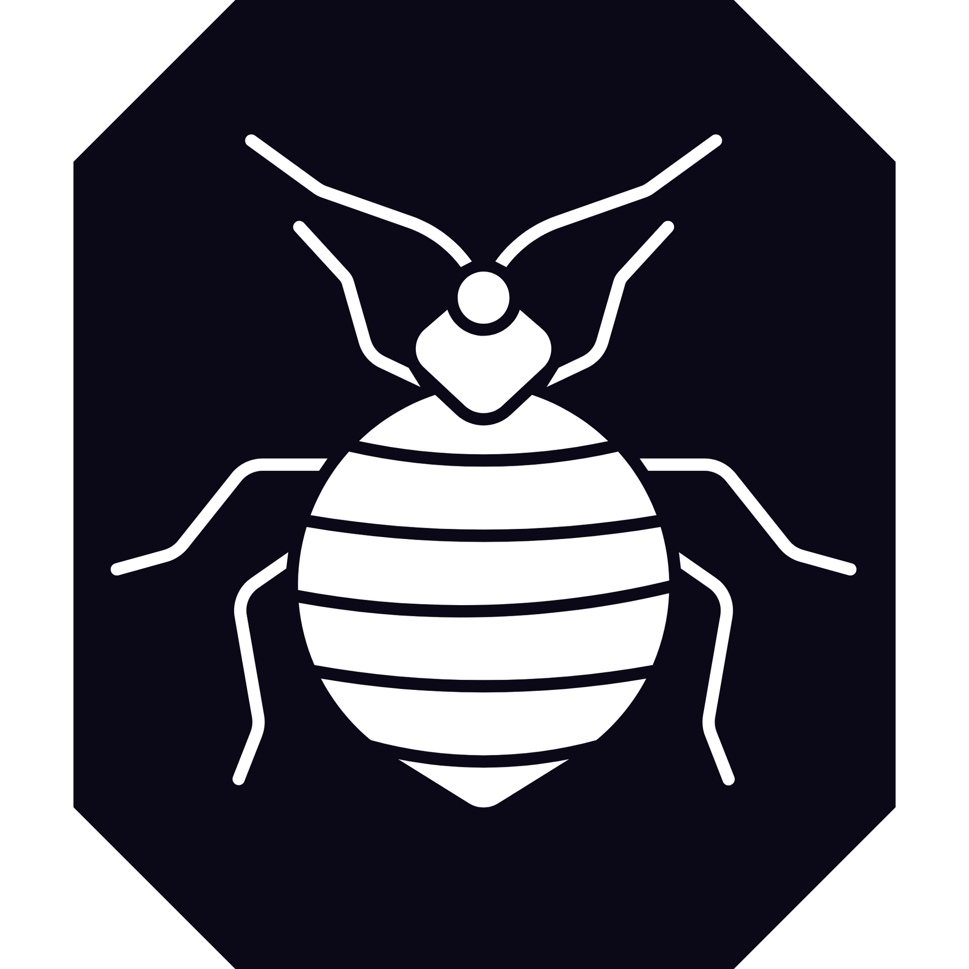 A black and white silhouette of a bed bug on a black background.