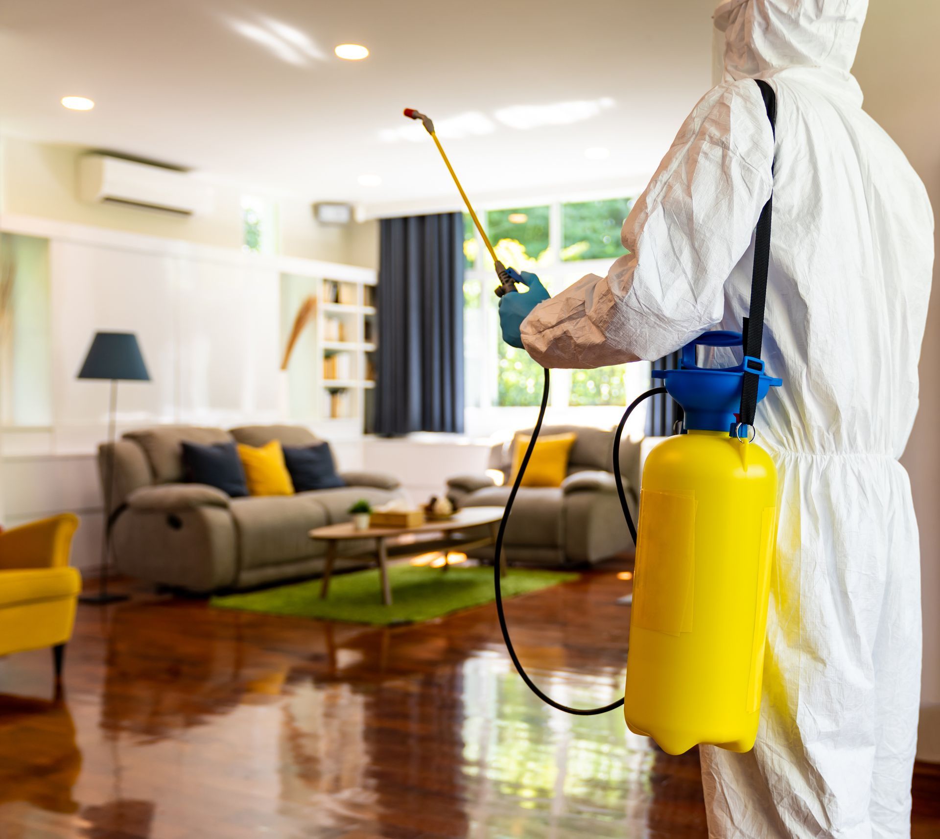 A man in a protective suit is spraying a living room with a sprayer.