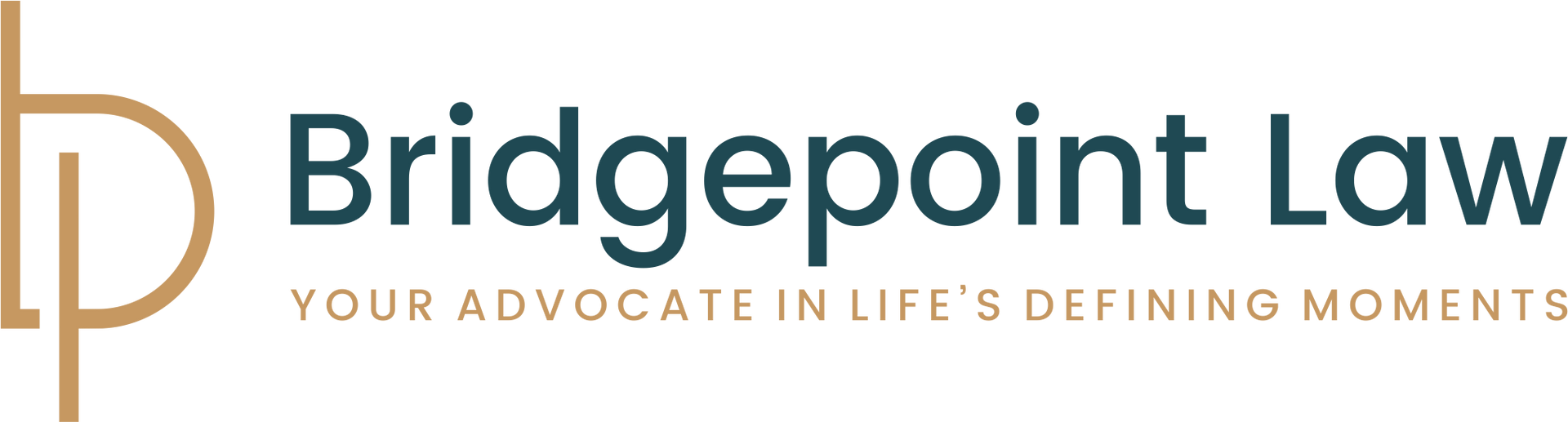 Bridgepoint Law logo with teal text and gold initials, tagline "Your advocate in life's defining moments."