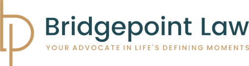 Bridgepoint Law logo with teal text and gold initials, tagline "Your advocate in life's defining moments."