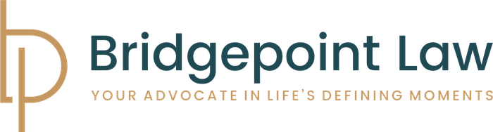 Bridgepoint Law logo with teal text and gold initials, tagline "Your advocate in life's defining moments."