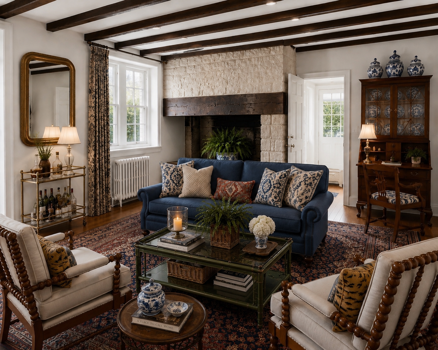 Cozy living room with blue sofa, patterned rugs, fireplace, and ornate wooden cabinets
