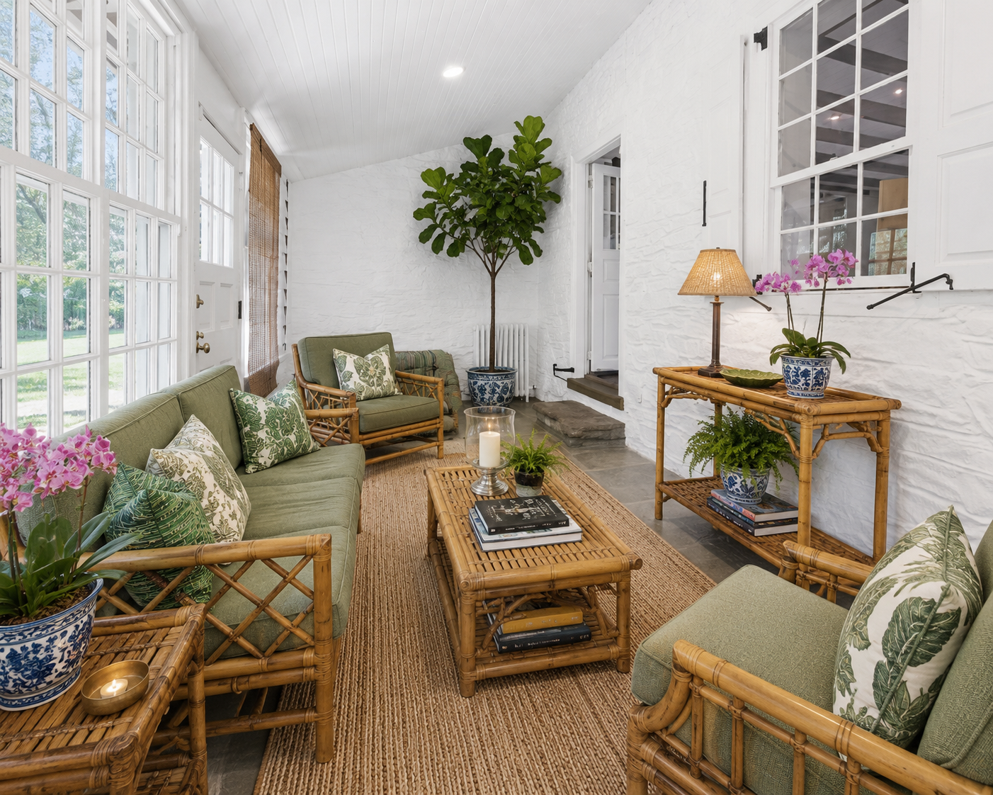 Bright sunroom with woven furniture, green cushions, potted plants, and large windows on white walls