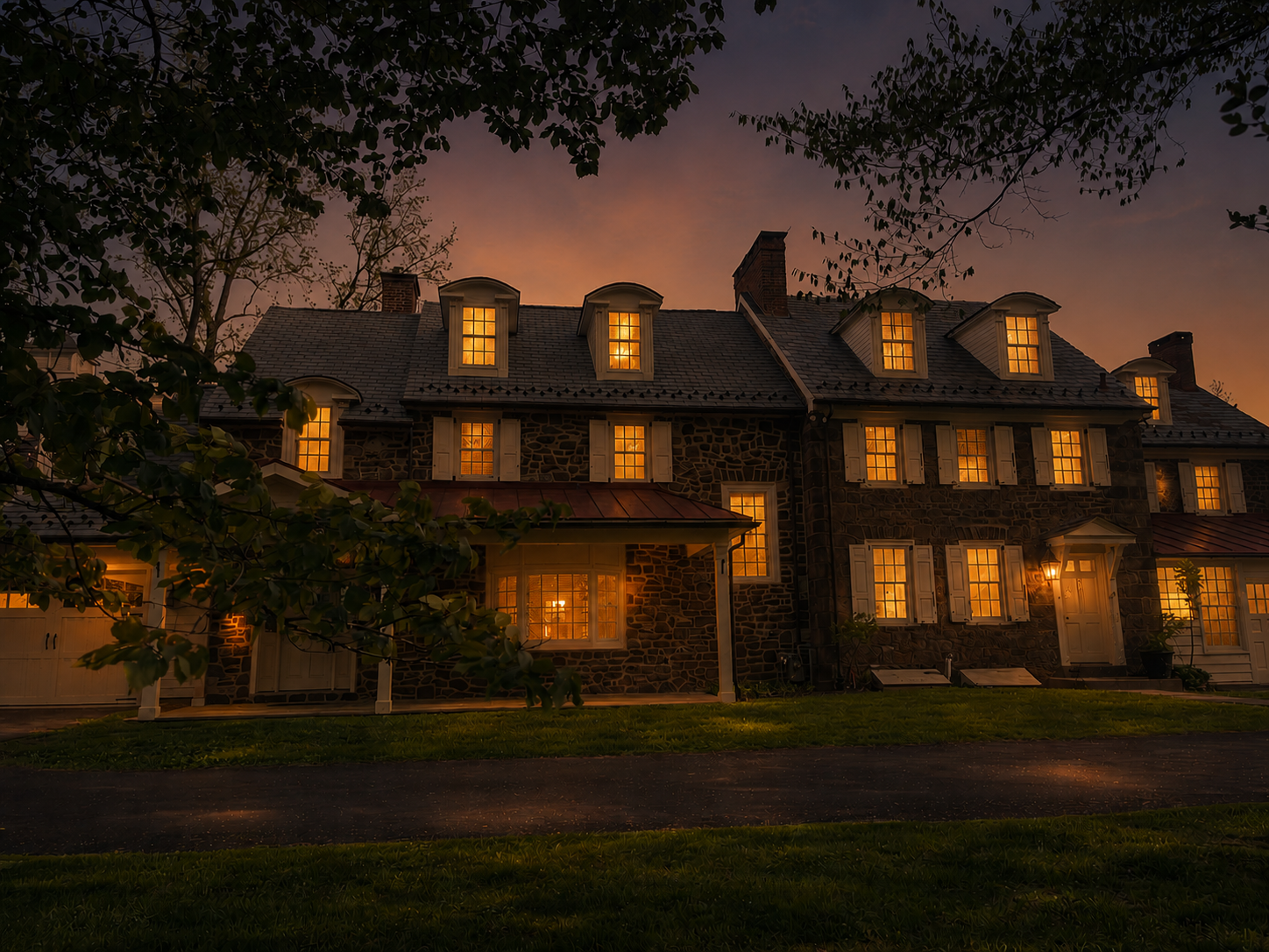 A warmly lit stone manor at dusk, with glowing windows and trees framing the front lawn.