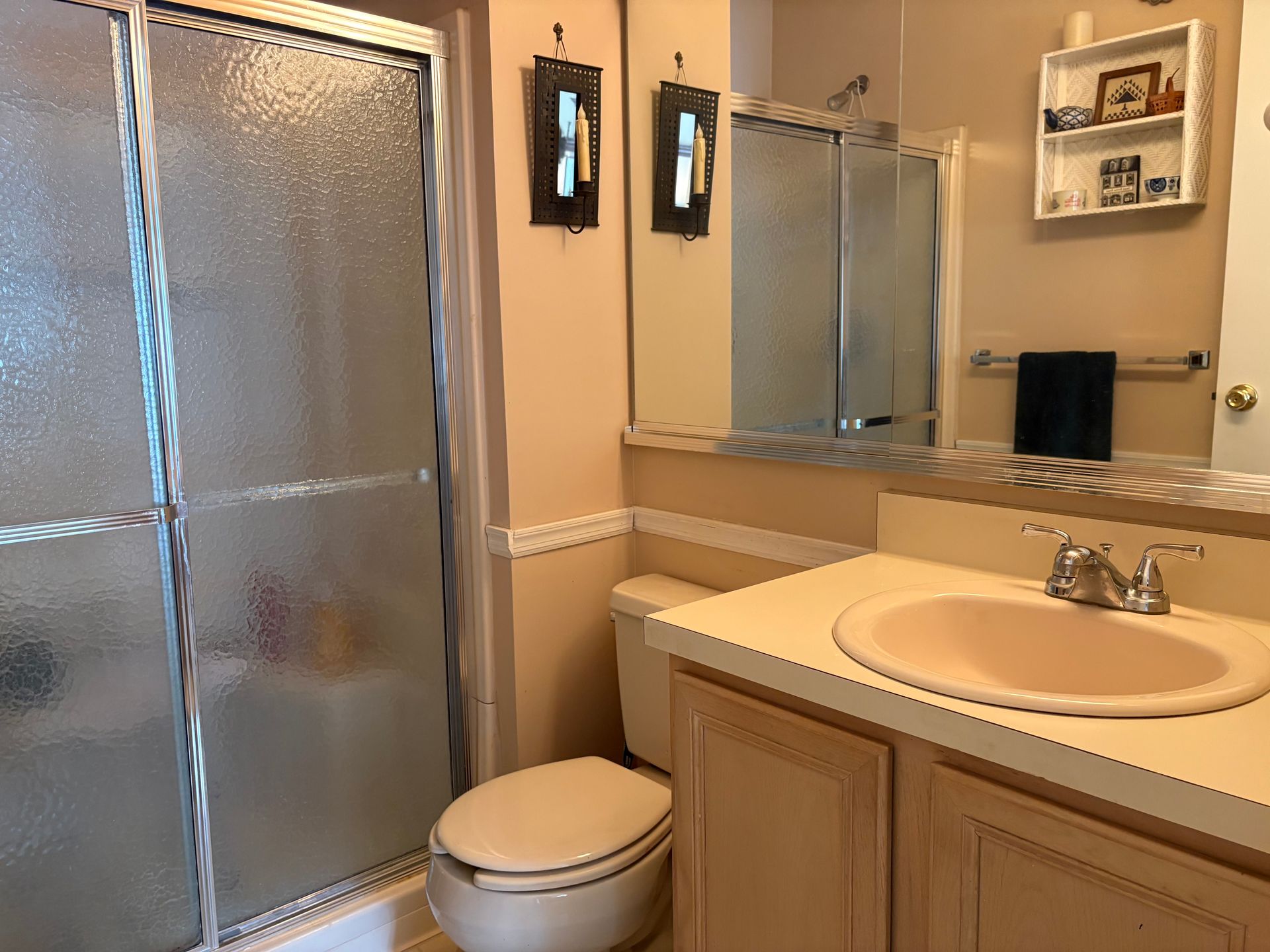 Bathroom with frosted glass shower, toilet, sink, large mirror, and beige vanity.