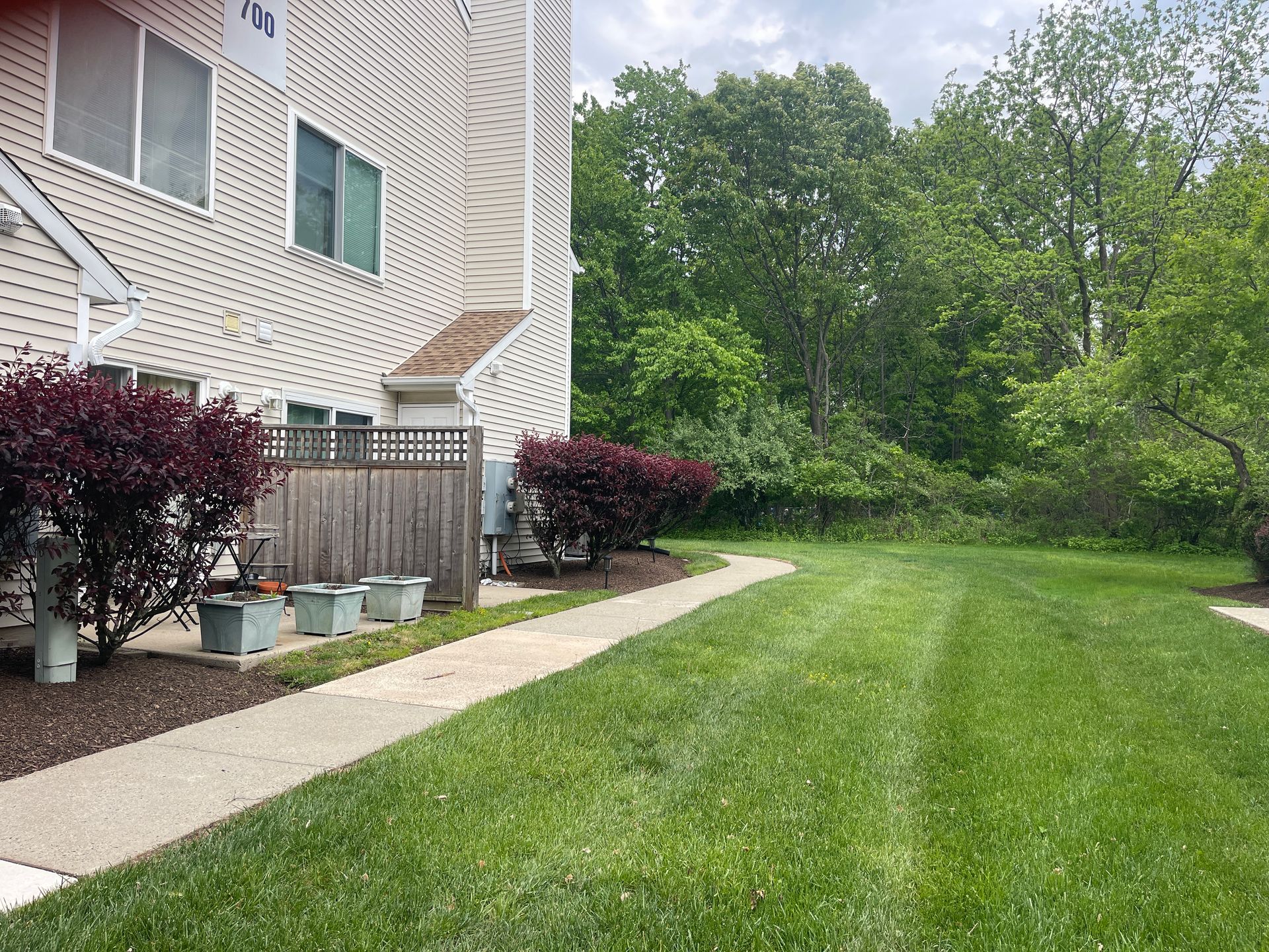 Backyard beside a house with green lawn, walkway, shrubs, and trees