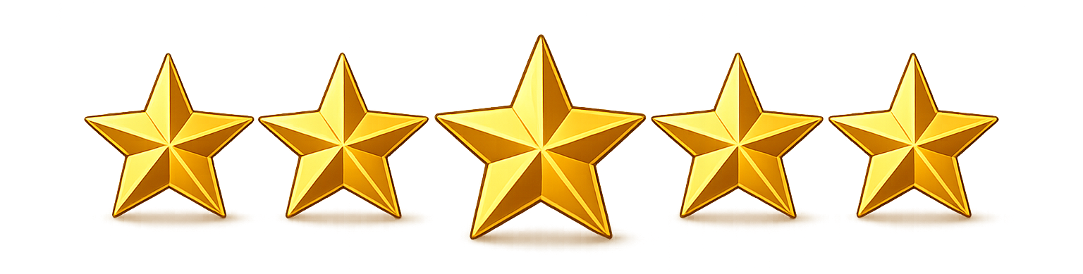 Five golden stars in a row, rating icon for reviews.