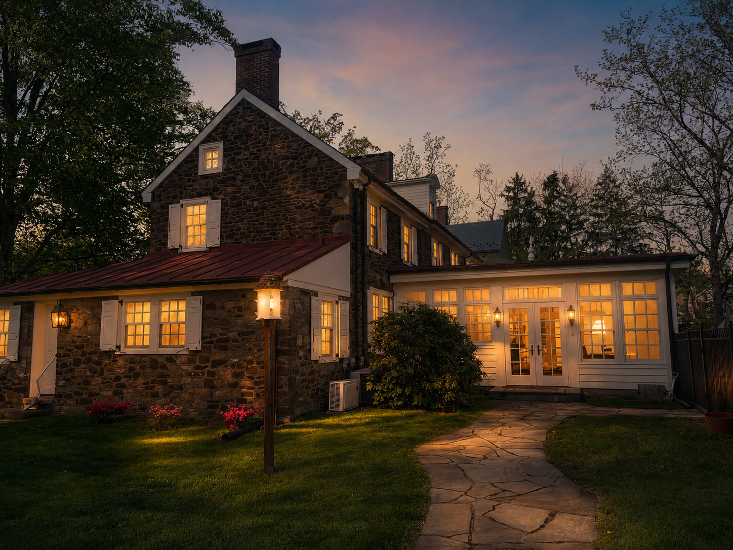 Brick house at dusk with warm lit windows, red roof, and a stone path through the front lawn