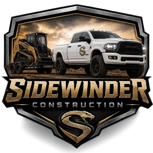 Sidewinder Construction logo with a white truck, skid steer, and metallic gold lettering
