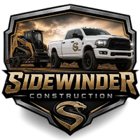Sidewinder Construction logo with a white truck, skid steer, and metallic gold lettering