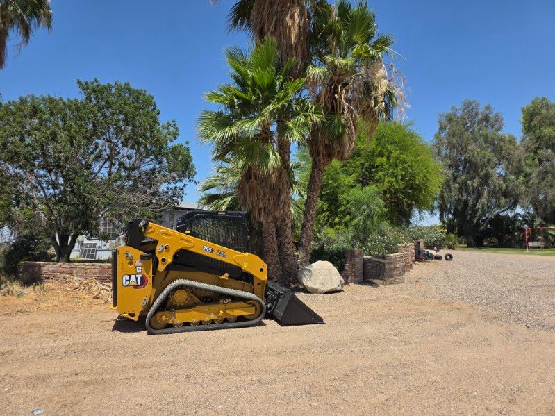 Yellow tracked skid steer parked on a dirt road beside trees under a clear blue sky