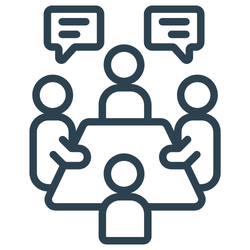 People in a meeting around a table, with speech bubbles.