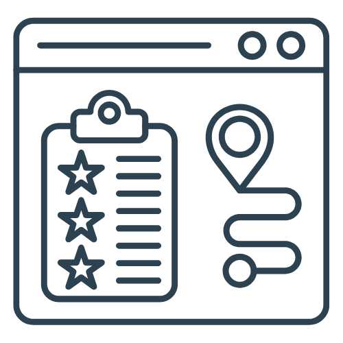 Webpage with checklist, three stars, and location pin with route.