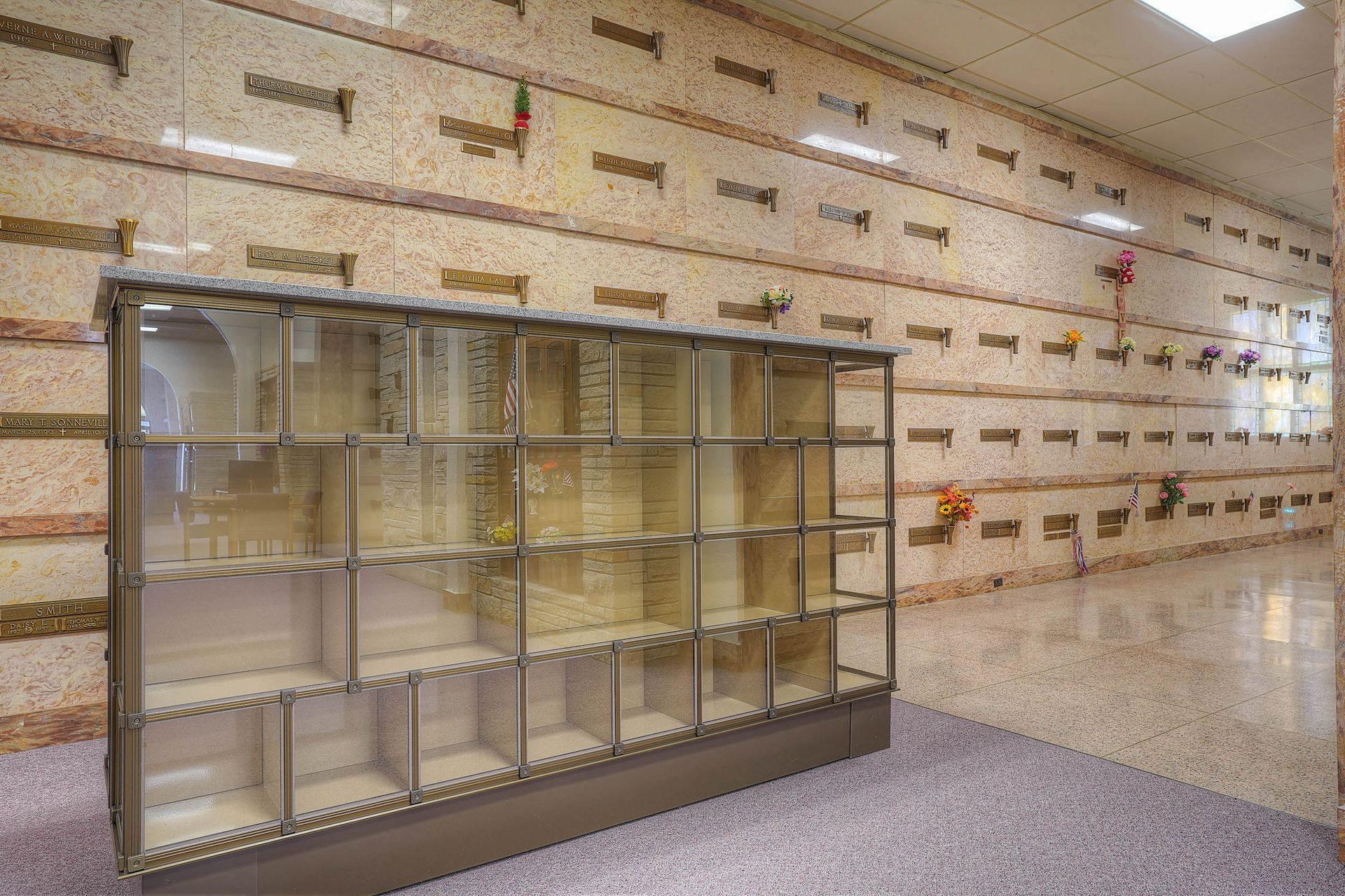 Empty library with glass display cases and rows of wall-mounted shelves