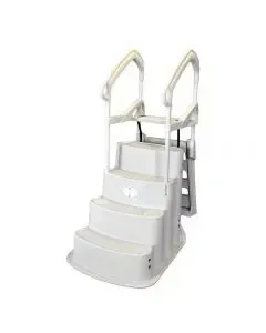 Portable white stair lift with handrails and steps for accessibility