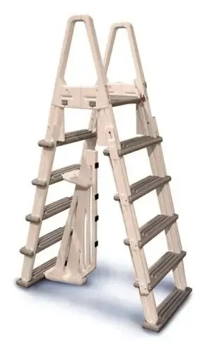 White folding step ladder with two side platforms and gray steps, shown open against a white background