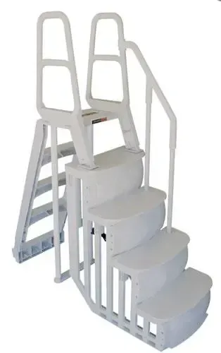 White indoor staircase with foldable stairlift seat and handrails, shown in side view
