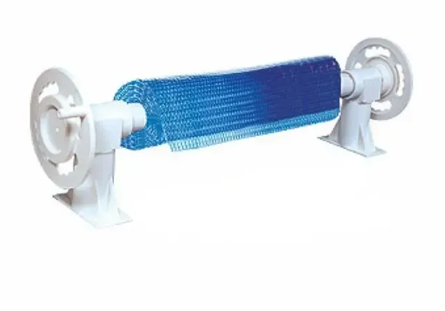 Blue fire hose reel with white mounting stands and hand wheels, shown horizontally against a white background