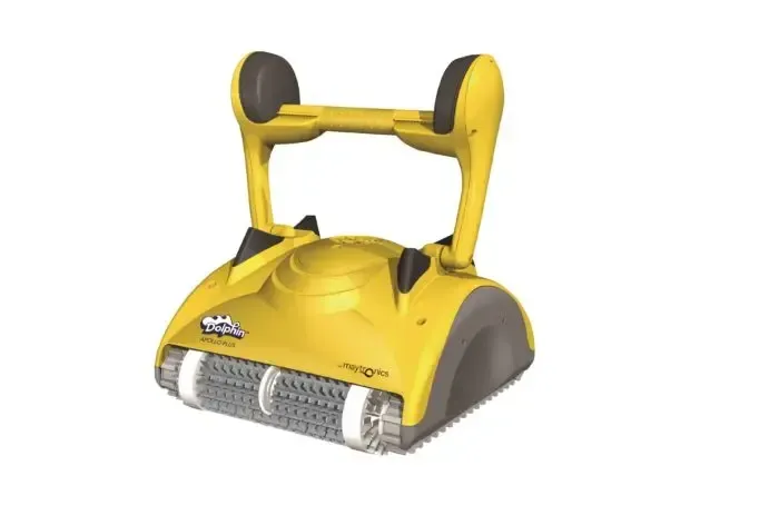 Yellow robotic pool cleaner with twin brushes and black wheels on a white background