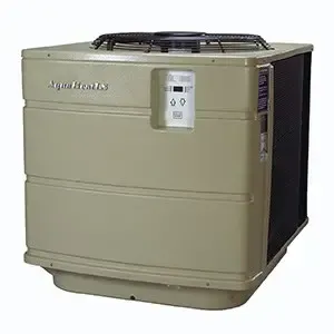 Beige rooftop air conditioning unit with front control panel and top fan grille