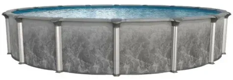 Round gray above-ground pool with blue water and stone-pattern siding
