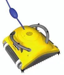 Yellow robotic pool cleaner with gray handle and blue power cord on a white background
