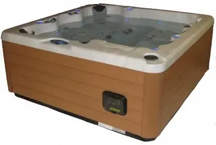 Brown and white hot tub with blue water and control panel