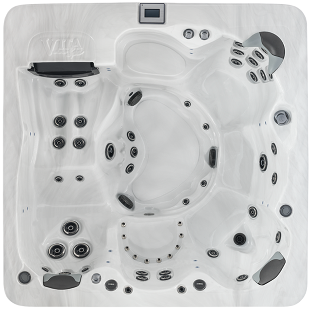 White top-down view of a multi-seat hot tub with black jets and controls