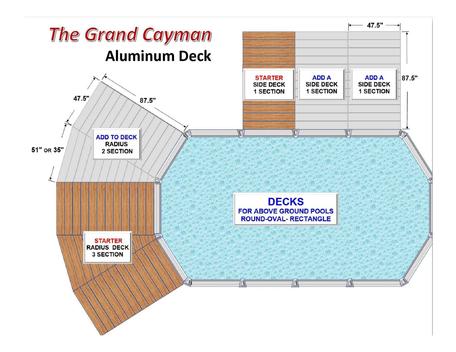 Grand Cayman aluminum deck plan with labeled tan deck sections around a blue pool area