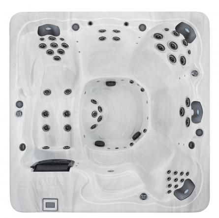 Top-down view of a white square hot tub with multiple black jet seats and control panel