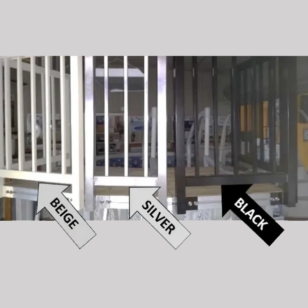 Storefront window with beige, silver, and black vertical bars labeled by color samples