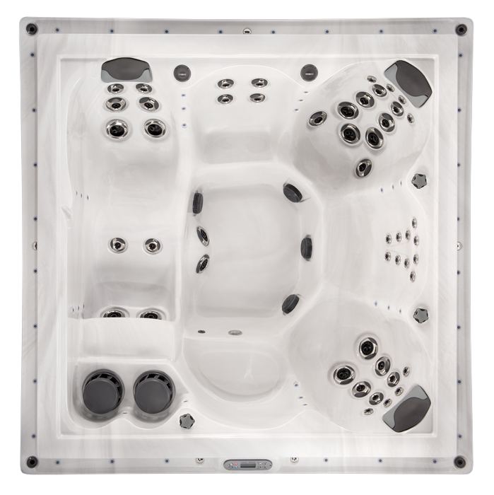 White square hot tub with multiple black jets and gray cup holders, viewed from above