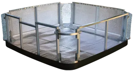 Metal octagonal dog playpen with mesh sides and black base on a white background