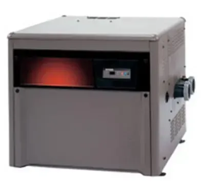 Gray industrial heater with red glow visible through a front viewing window