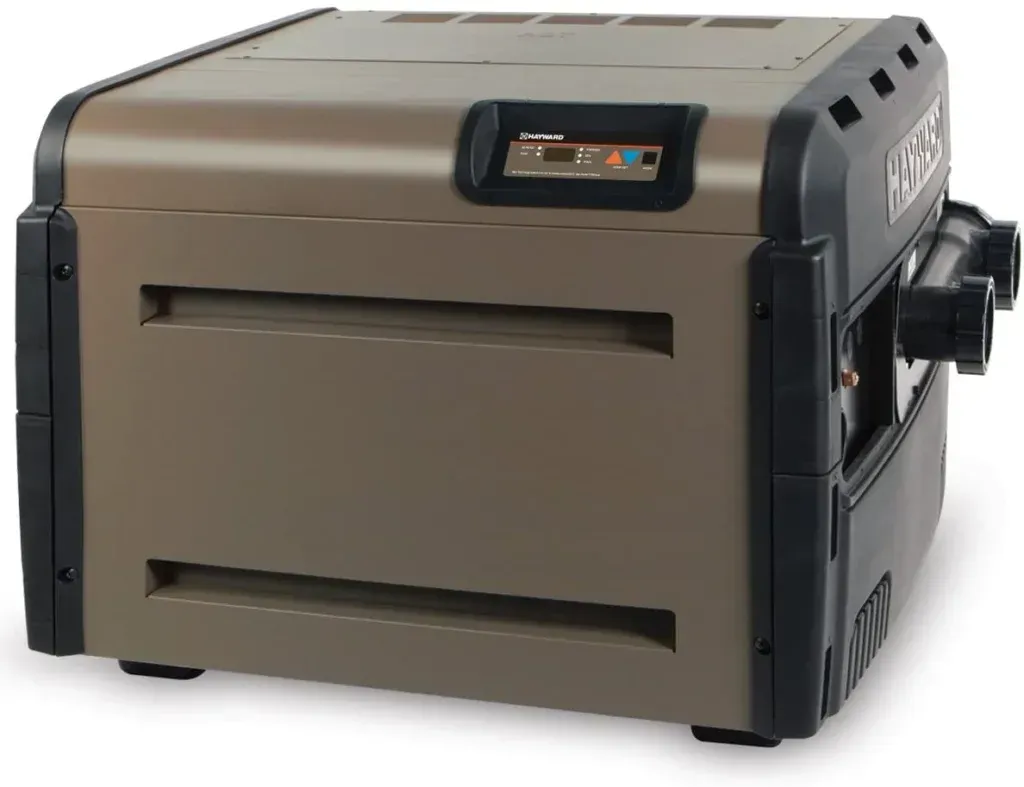 Brown and black rectangular heater with vents and side handle on a plain background