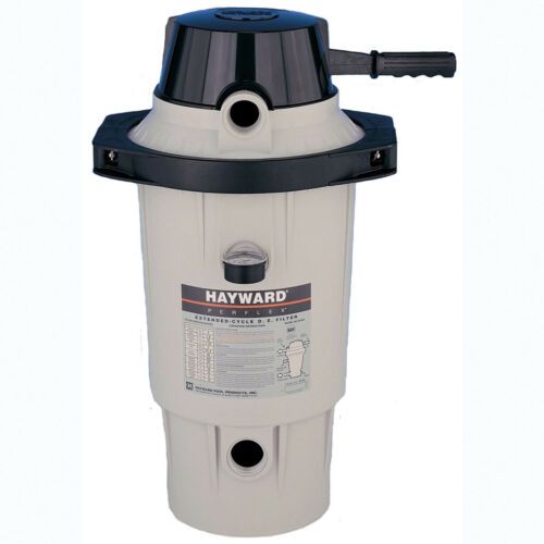 White Hayward pool filter tank with blue top and side handle on a plain background