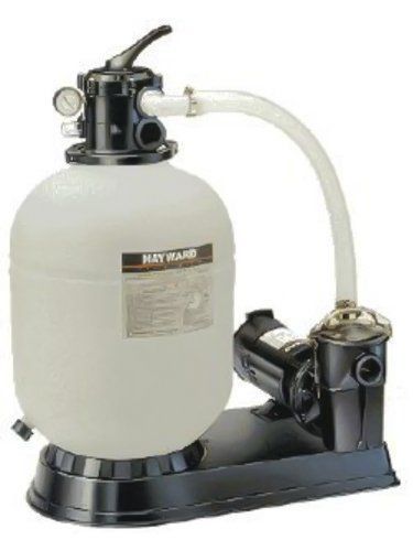 Pool filter pump system with white tank, black base, and attached hose