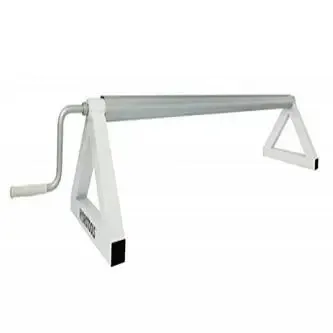 White metal hand-crank tarp roller with triangular supports on a plain background