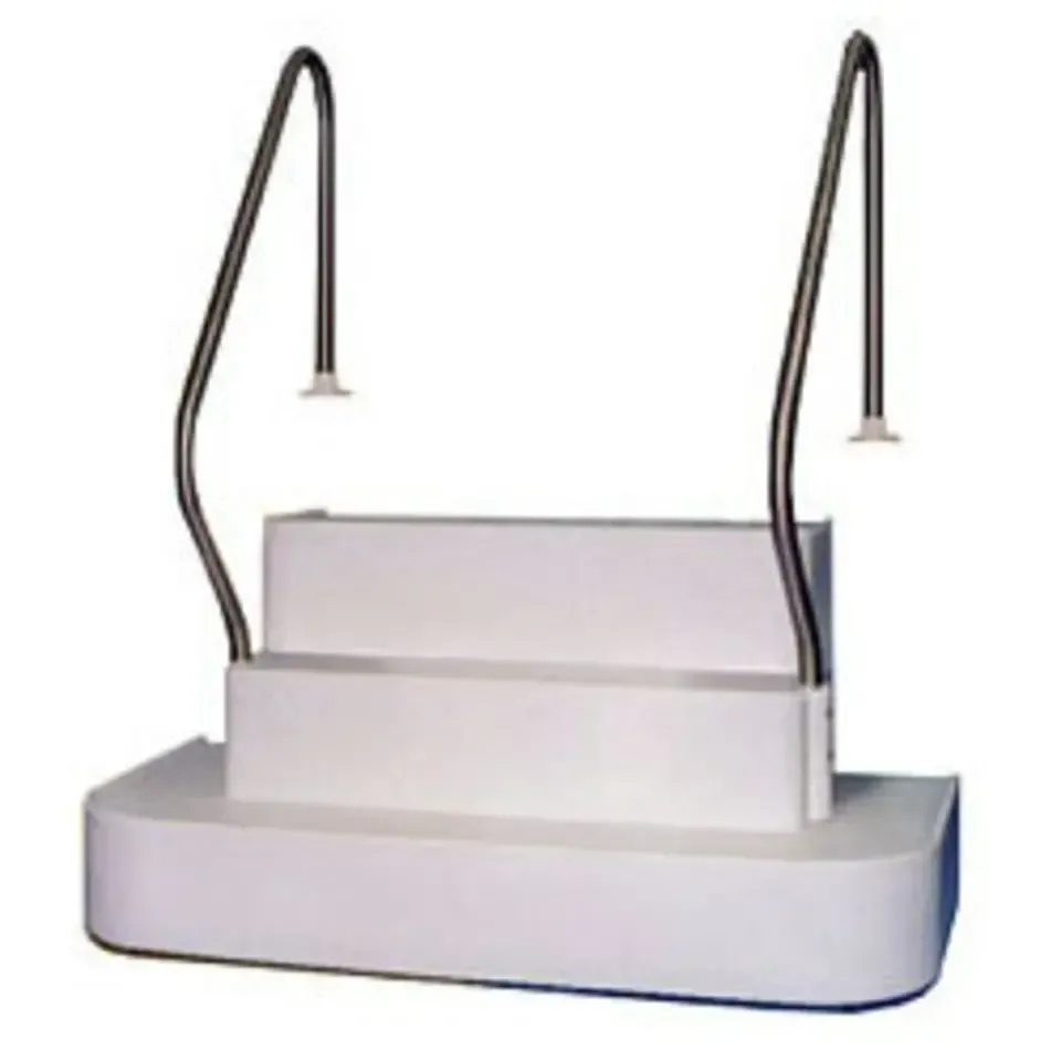 White two-step platform with curved metal handrails on both sides