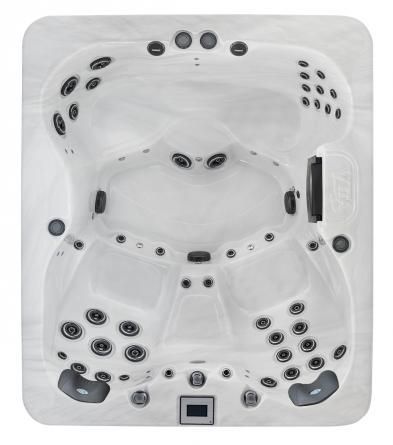 Top-down view of a white hot tub with multiple black jets and control buttons