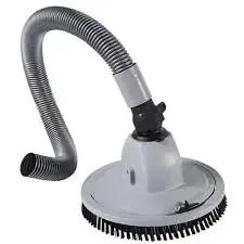 Gray pool vacuum head with black bristles and a flexible hose connection